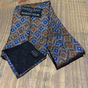 Hand Made in USA Geometric Patterned Silk Tie - Blue, Brown, Gray